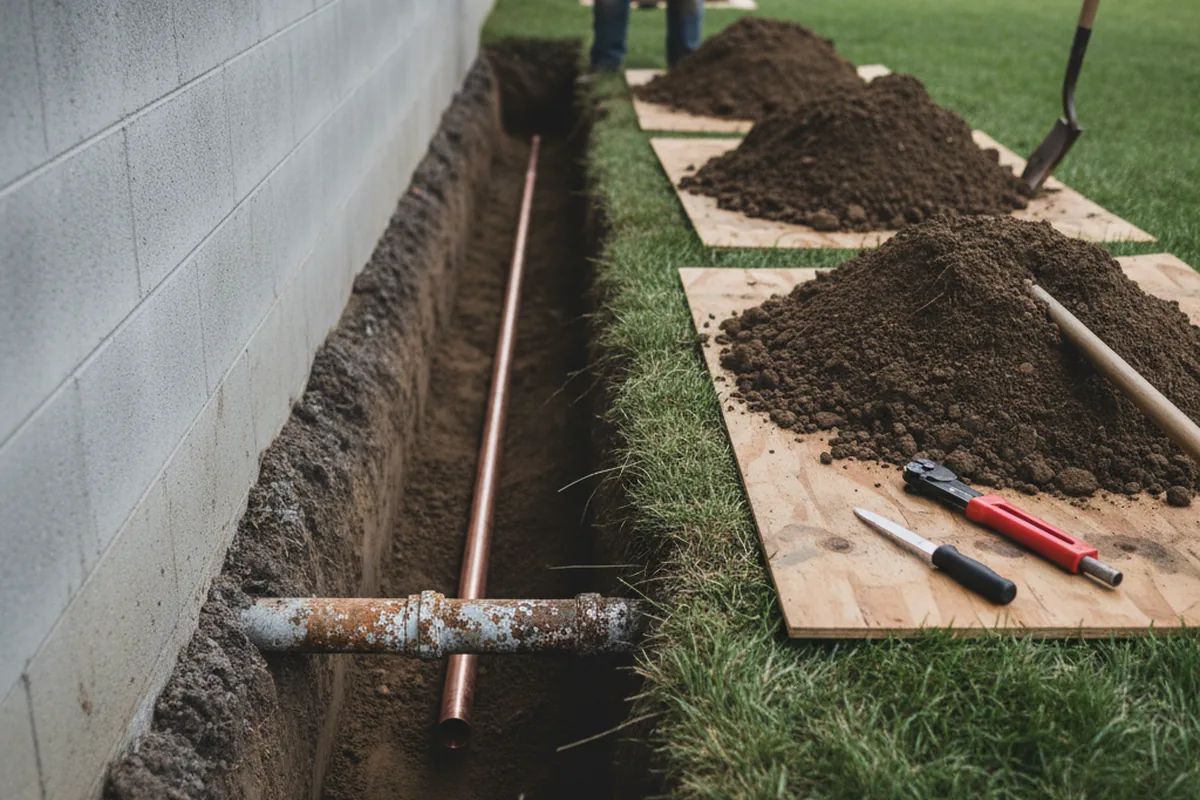 Excavated water line trench during Water Heater Repair in Washington Grove